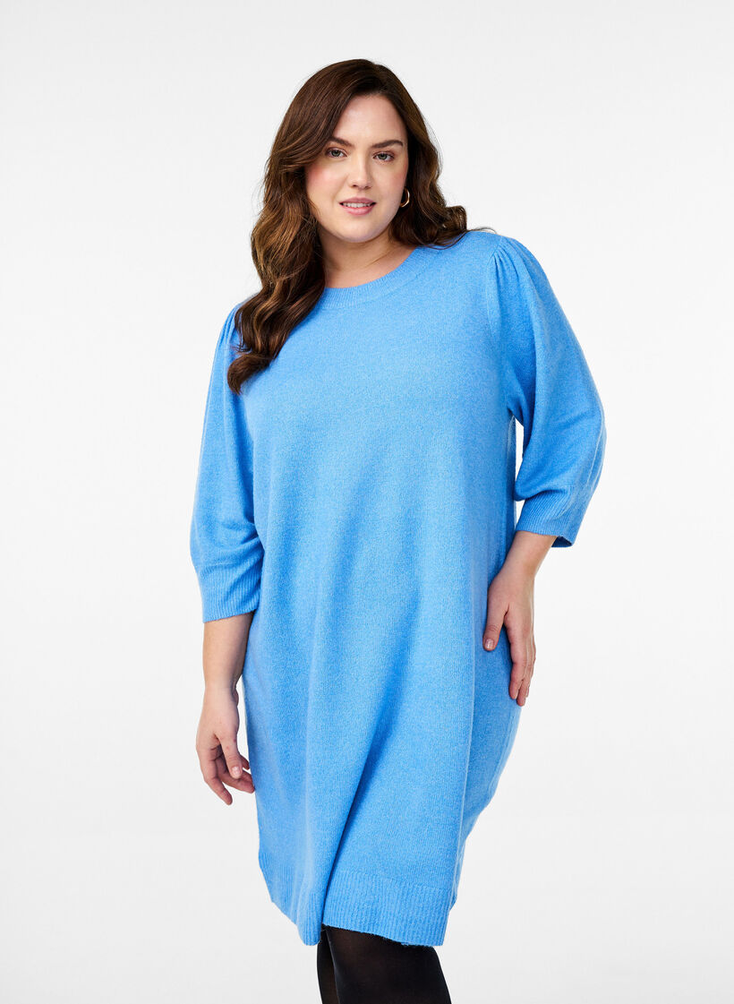 Knitted dress with 3/4 sleeves and a round neck, D.R. Blue White Mel., Model image number 0