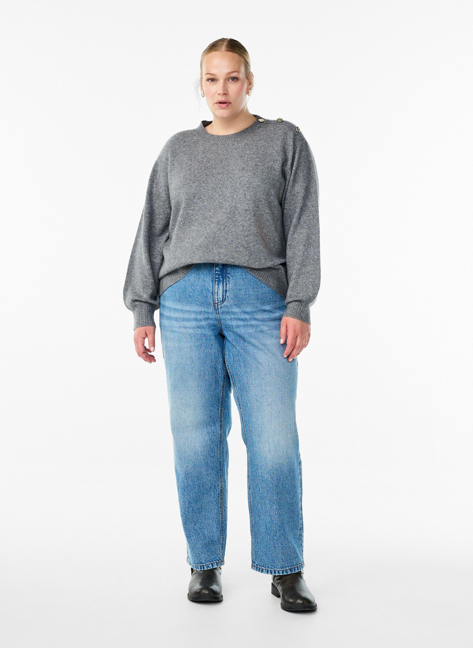 ZizzifashionKnit blouse with button detail, Grey, Model image number 1