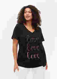Cotton t-shirt with v-neck and print, Black W. Love, Model