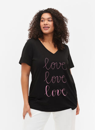 Cotton t-shirt with v-neck and print, Black W. Love, Model image number 0
