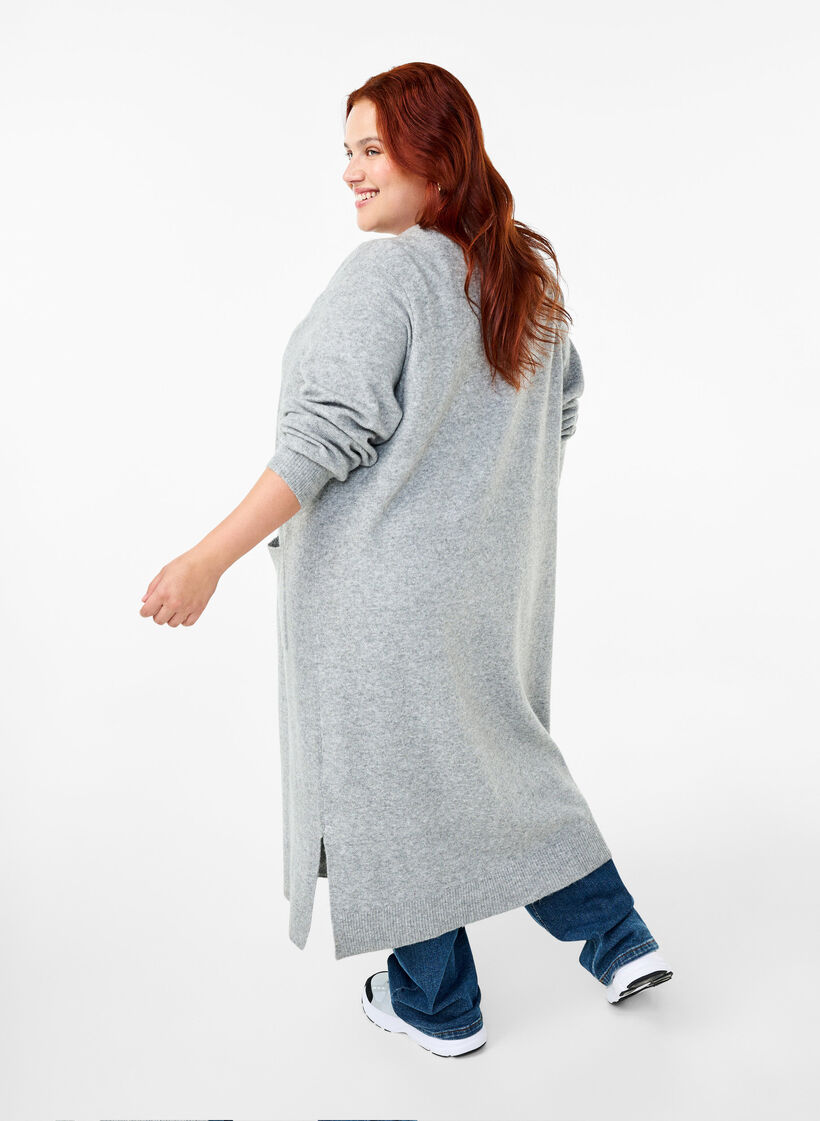 Long knitted cardigan with pockets, Light Grey Melange, Model image number 1