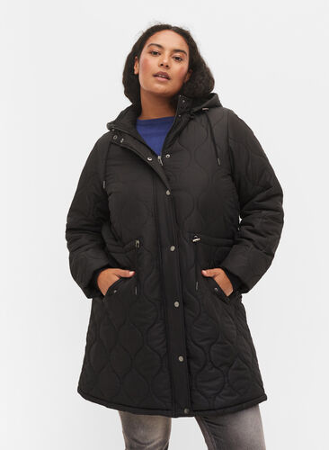 Quilted thermal jacket with fleece lining and detachable hood, Black, Model image number 0