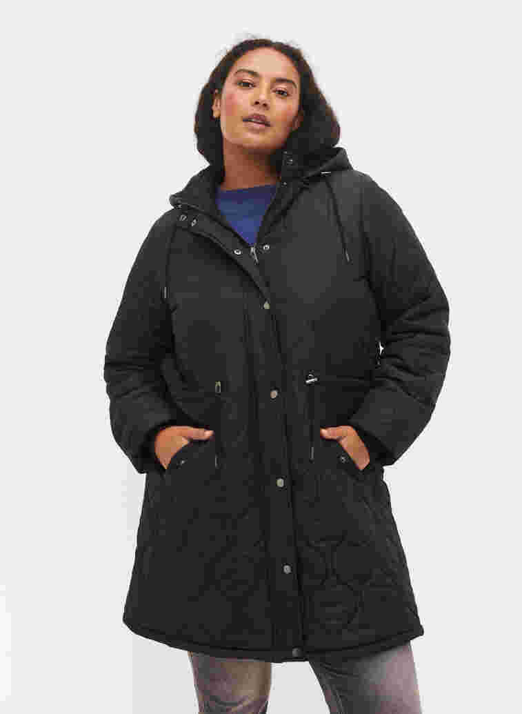 Quilted thermal jacket with fleece lining and detachable hood, Black, Model