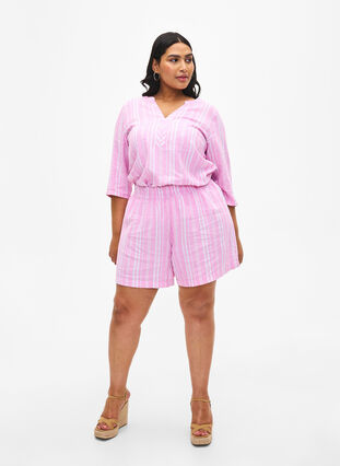 Striped blouse in linen-viscose blend, Rosebloom Wh.Stripe, Model image number 2