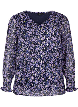 Floral blouse with long sleeves and v neck, Purple Ditzy Flower, Packshot image number 0