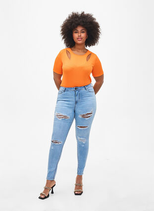 Tight-fitting V-neck blouse with mesh detail, Vibrant Orange, Model image number 2