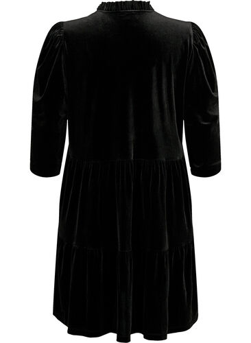 Velour dress with ruffle collar and 3/4 sleeves, Black, Packshot image number 1