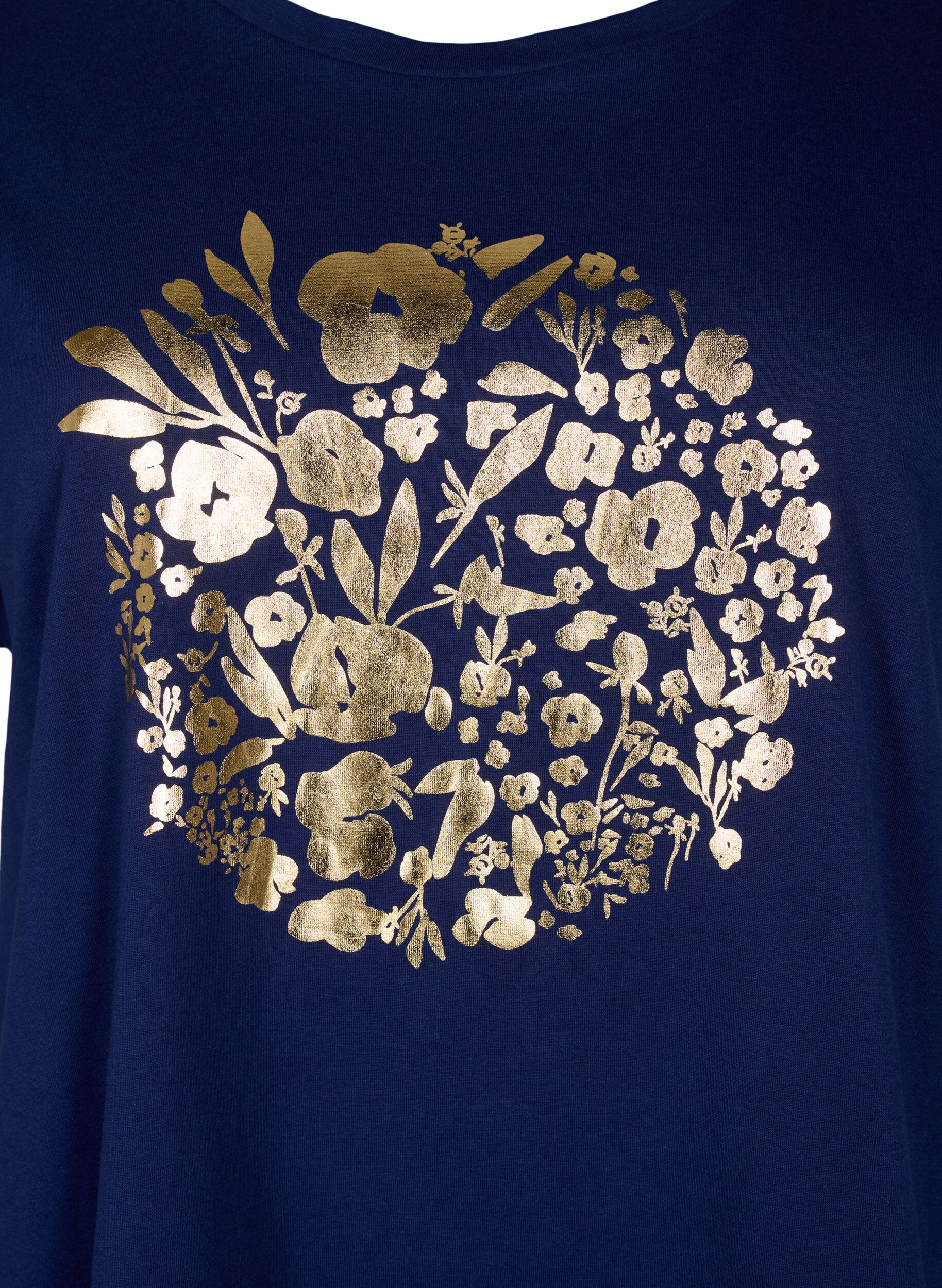 Zizzifashion Organic cotton T-shirt with gold print, Med.Blue Gold Flower, Packshot image number 2