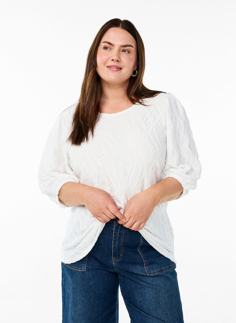 Blouse with texture and 3/4 sleeves, White, Model image number 0
