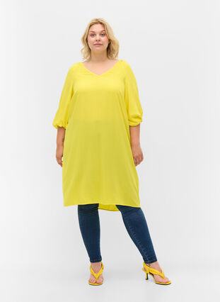 Viscose dress with v-neck, Blazing Yellow, Model image number 2