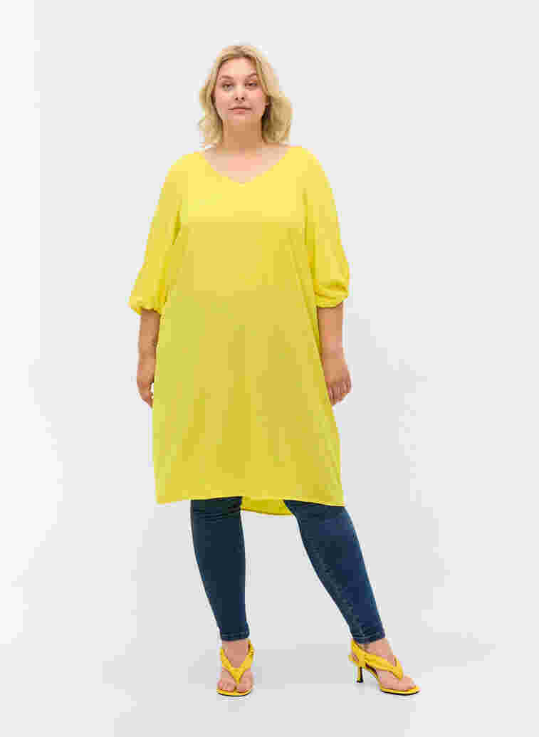 Viscose dress with v-neck, Blazing Yellow, Model image number 2