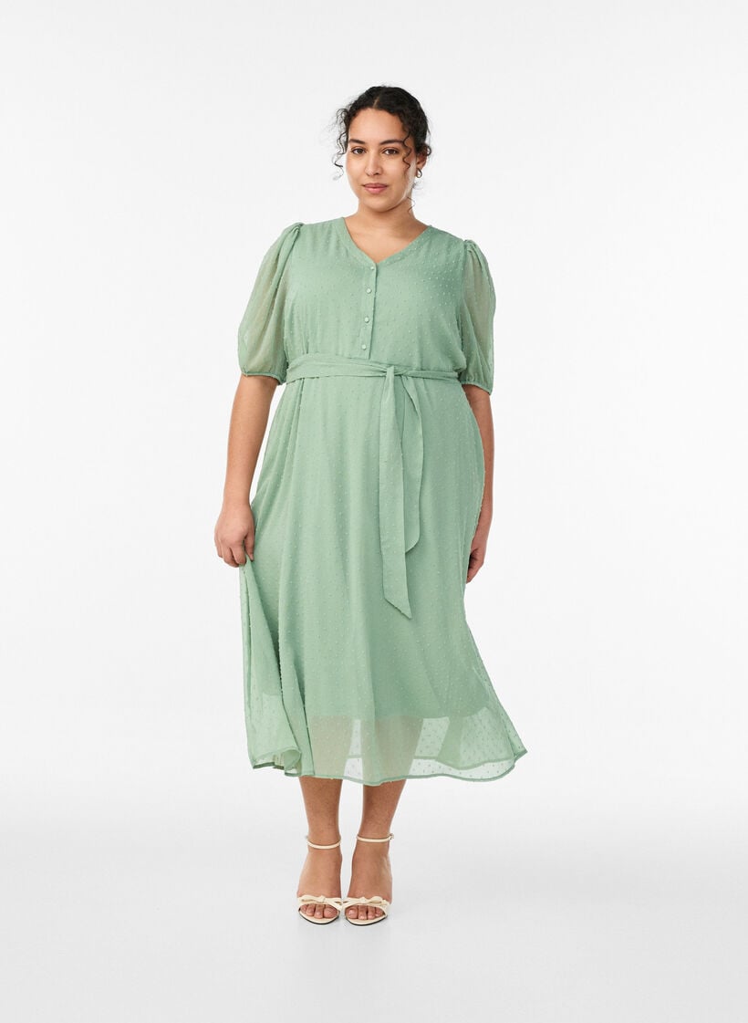 V-neck midi dress with tie fastening, Green, Model image number 2