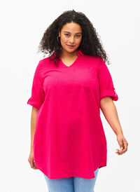 Short-sleeved cotton blend tunic with linen, Bright Rose, Model
