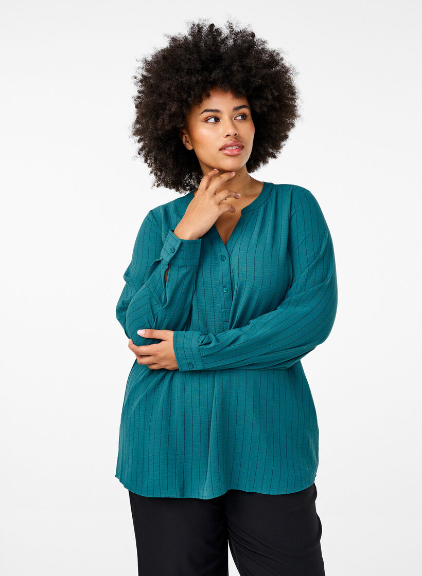 FLASH - Pinstripe shirt blouse, Green, Model image number 0