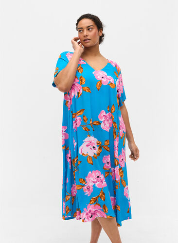 Floral viscose midi dress, Blue Pink Flower, Model image number 0