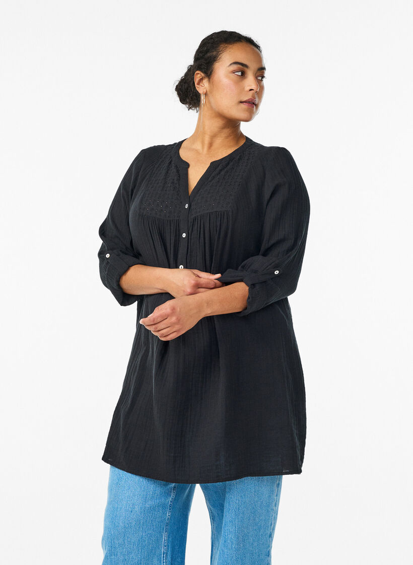 Cotton muslin tunic with broderie anglaise, Black, Model image number 0