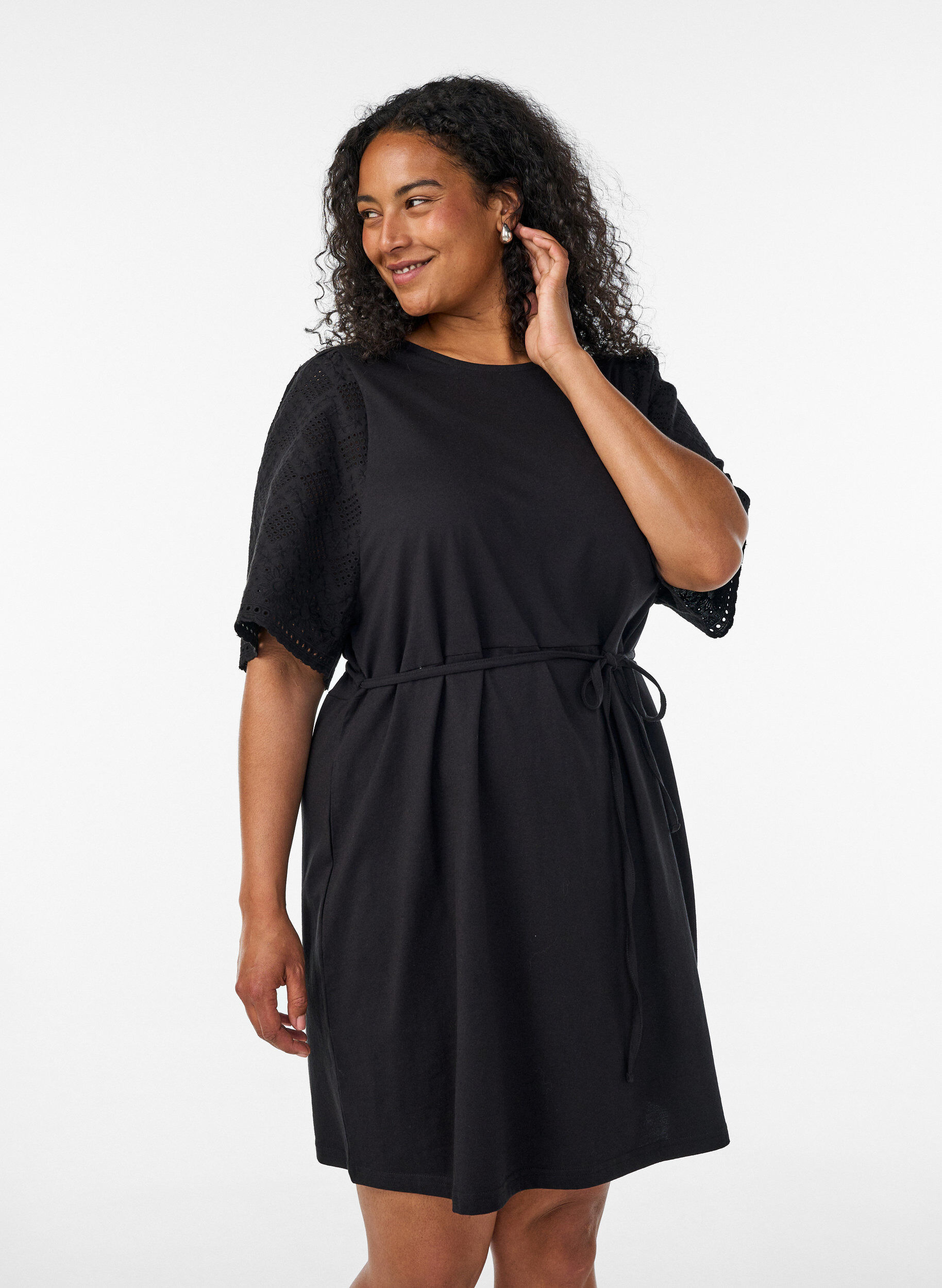 ZizzifashionCotton dress with broderie anglaise sleeves and a tie-waist, Black, Model image number 0