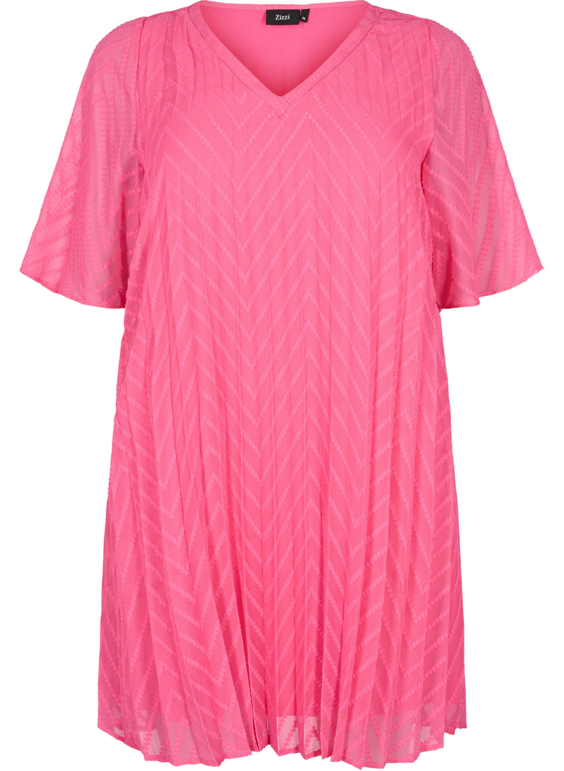 Zizzifashion Short sleeved pleated dress, Shocking Pink, Packshot image number 0