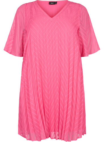 Short sleeved pleated dress, Shocking Pink, Packshot image number 0