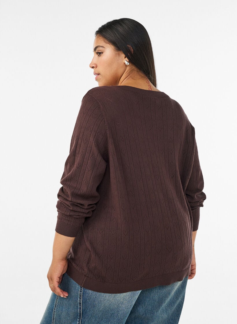 Knitted cardigan with heart eyelet embroidery, Brown, Model image number 2
