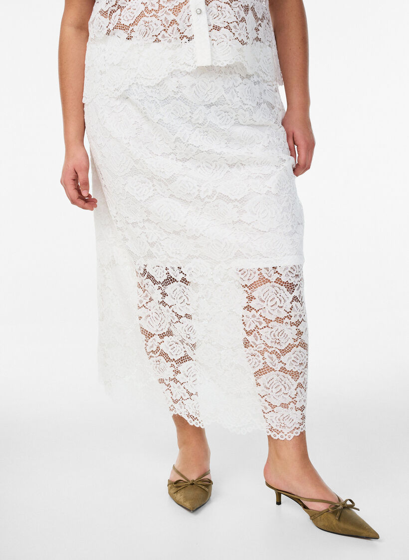 Lace midi skirt with an elasticated waist, White, Model image number 0