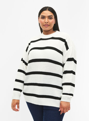 FLASH - Striped Knit Sweater, White/Black Stripe, Model image number 0