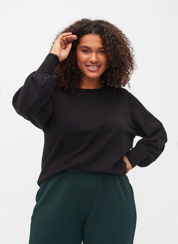 Knitted blouse with viscose and balloon sleeves, Black, Model image number 0