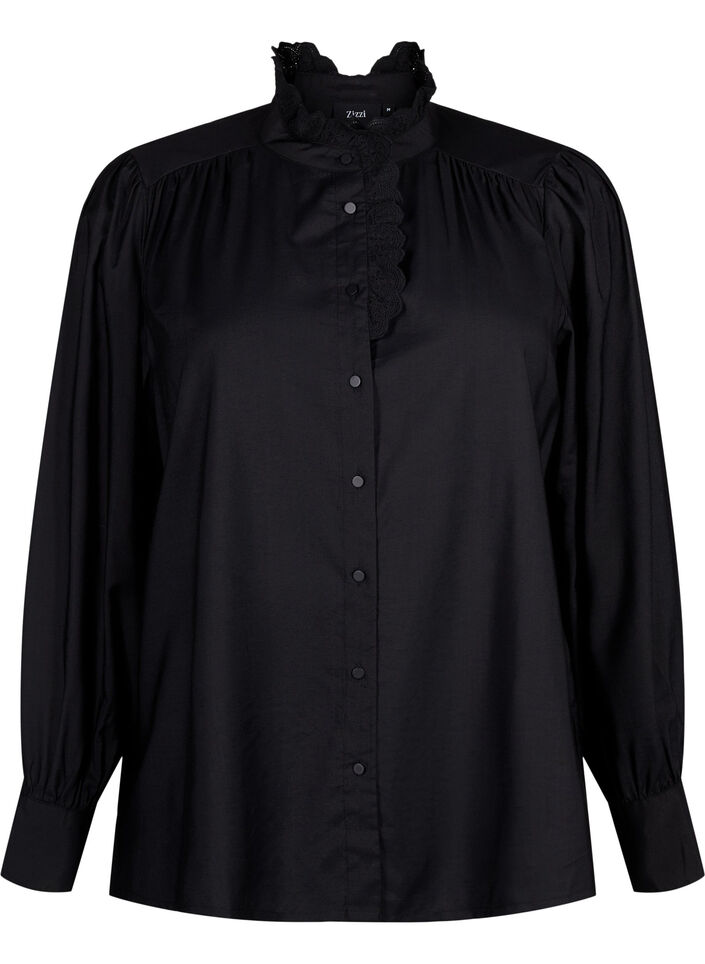 Viscose shirt blouse with ruffles, Black, Packshot image number 0