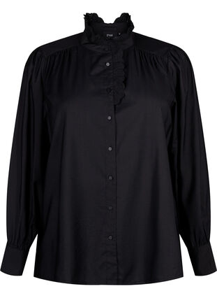 Viscose shirt blouse with ruffles, Black, Packshot image number 0