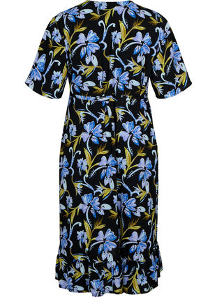 Printed wrap dress with short sleeves, Black Blue Flower, Packshot image number 1