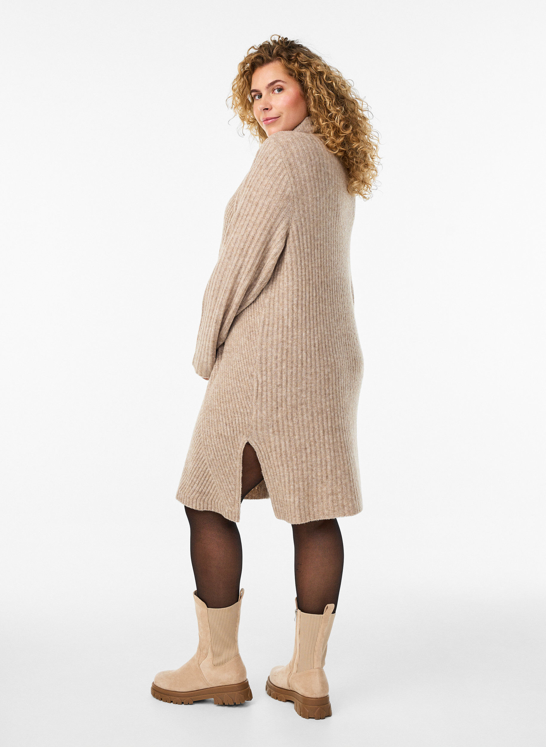 Zizzifashion Short knitted dress with a turtleneck and ribbed texture, Beige, Model image number 2