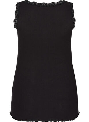Ribbed tank top with lace and buttons, Black, Packshot image number 1
