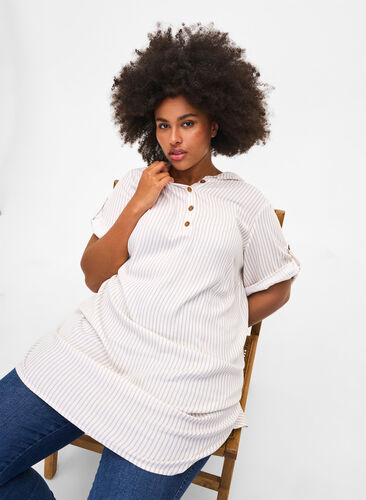 Short-sleeved viscose tunic with hood, White Natural Stripe, Image image number 1