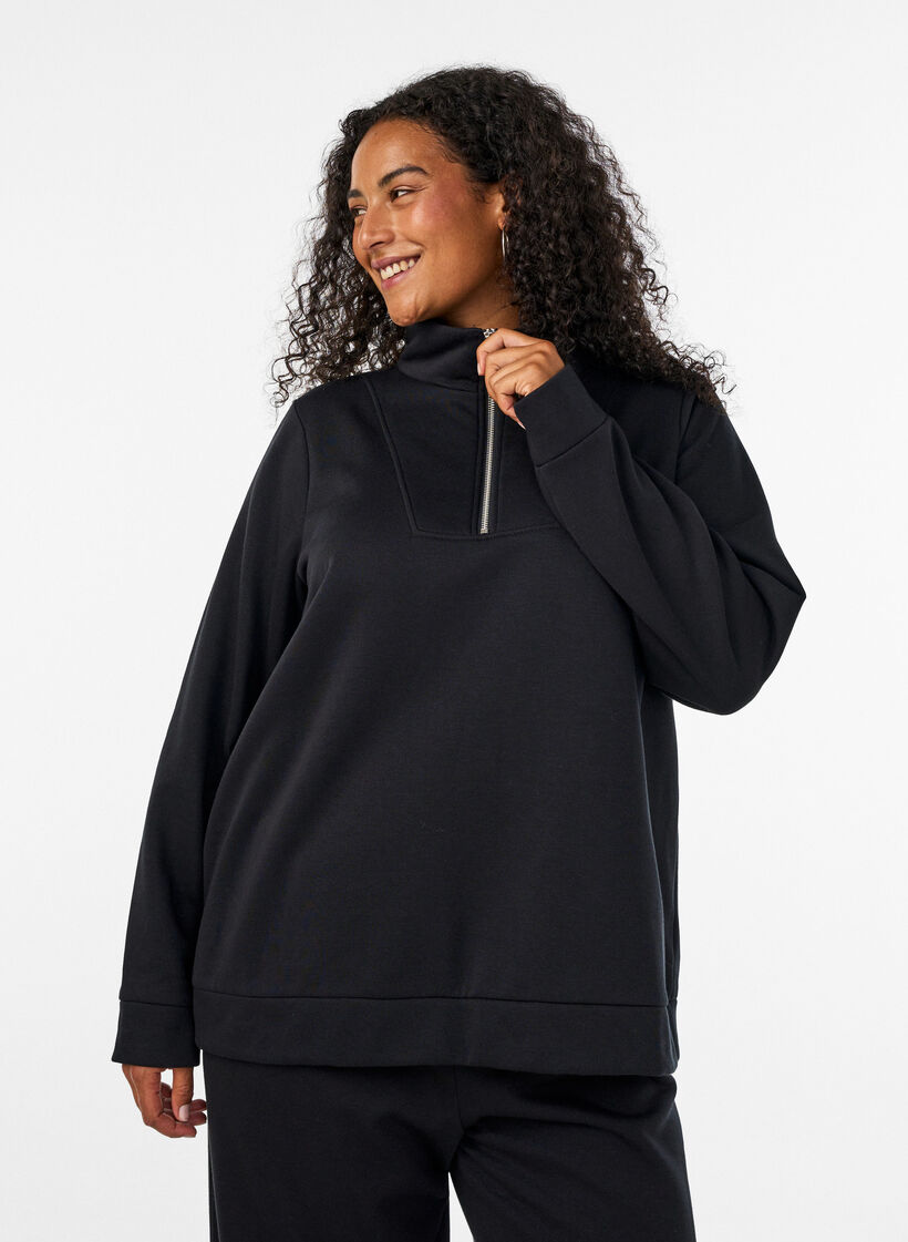 Sweatshirt with high collar and zipper, Black, Model image number 0