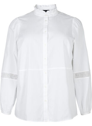 Shirt blouse with ruffle collar and crochet band, Bright White, Packshot image number 0