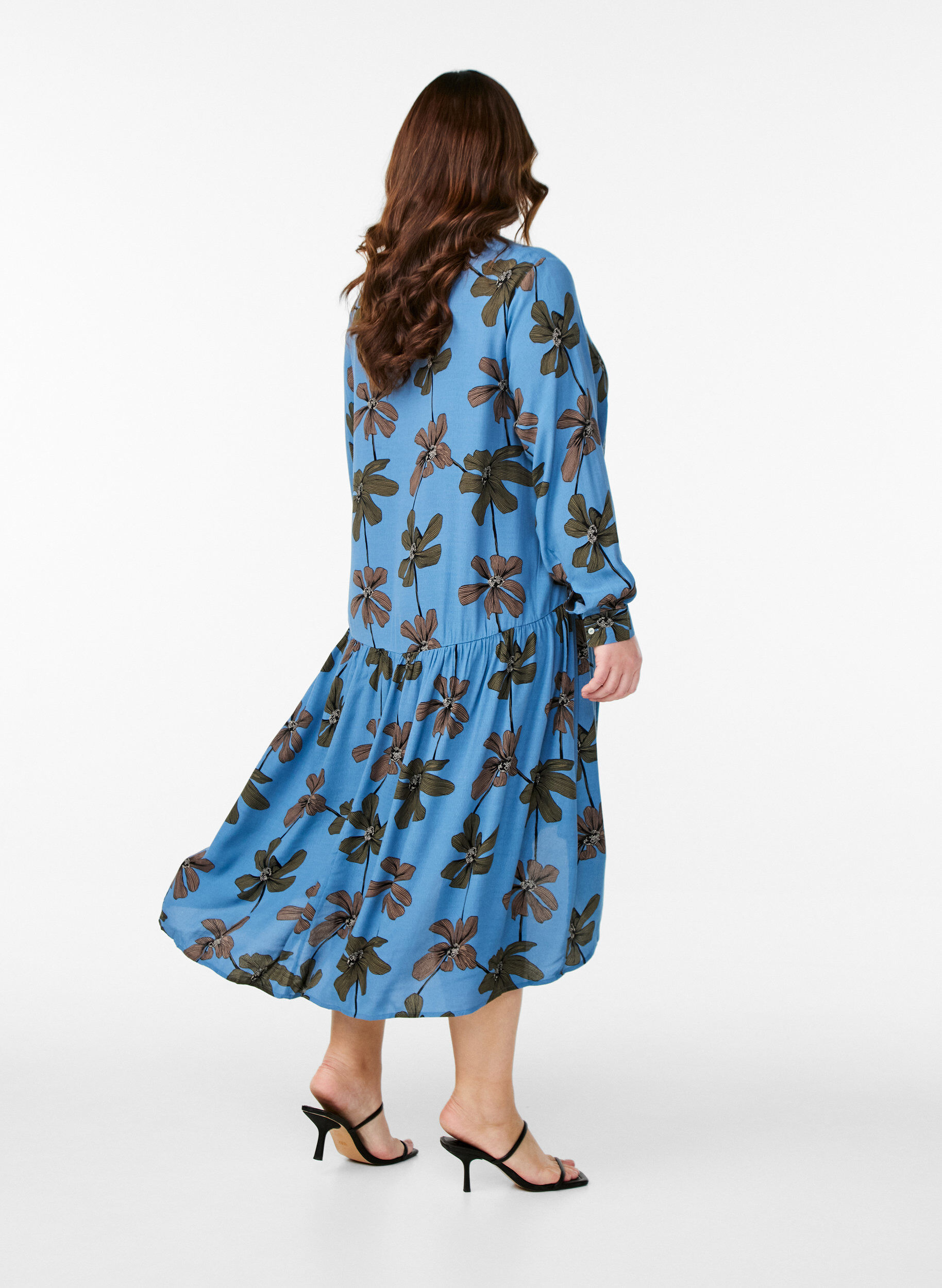 Zizzifashion Printed viscose midi dress with long sleeves, Blue, Model image number 2