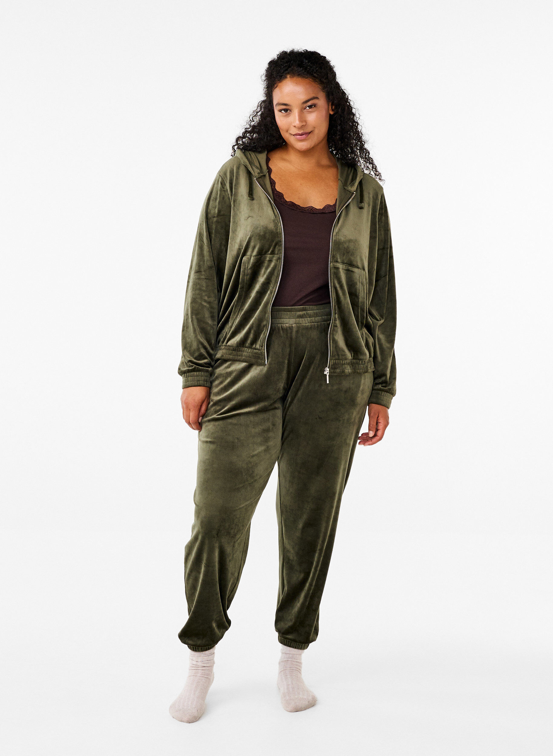 ZizzifashionLoose velvet trousers, Green, Model image number 0