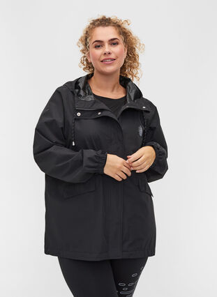 Sporty hooded rain jacket with pockets, Black, Model image number 0