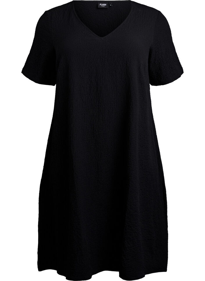 Short-sleeved dress with V-neck, Black, Packshot image number 0