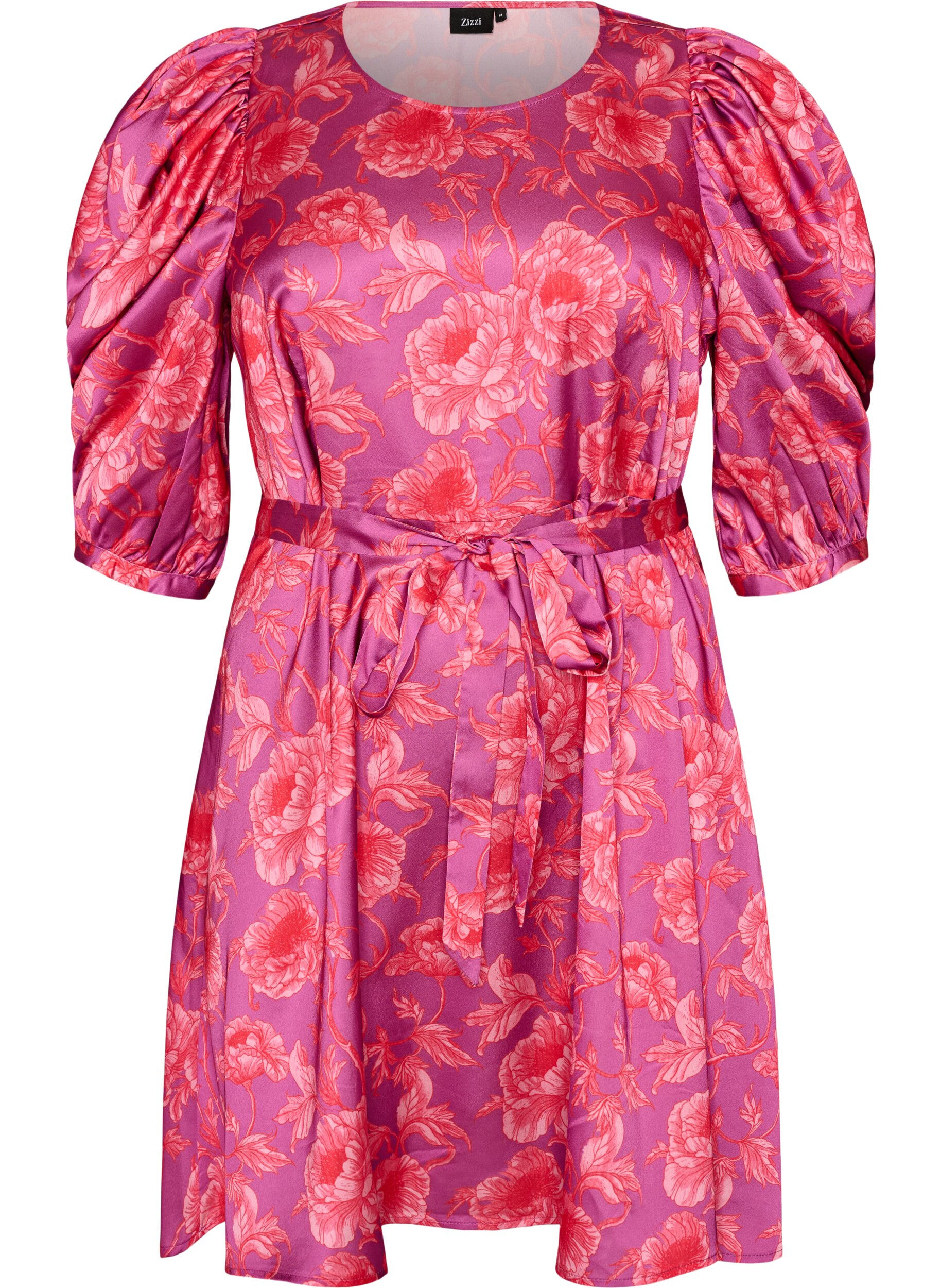 Floral dress with puff sleeves and tie-belt