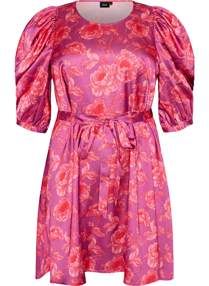 Floral dress with puff sleeves and tie-belt, Pink, Packshot image number 0