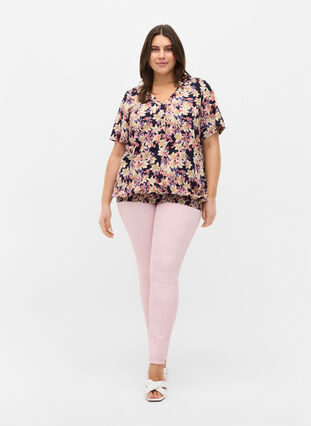 Short-sleeved floral viscose blouse with smock, Night sky Flower AOP, Model image number 2