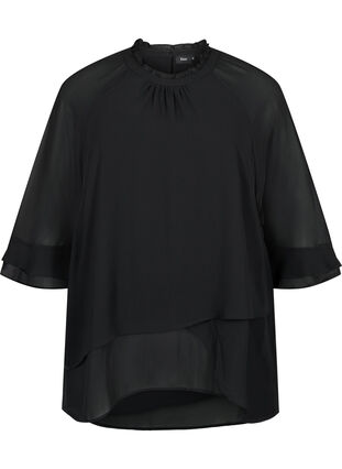 Blouse with asymmetric hem and 3/4 sleeves, Black, Packshot image number 0