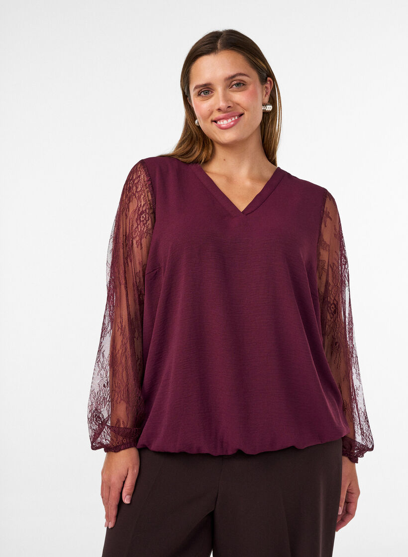 Blouse with lace sleeves and balloon shape, Red, Model image number 0