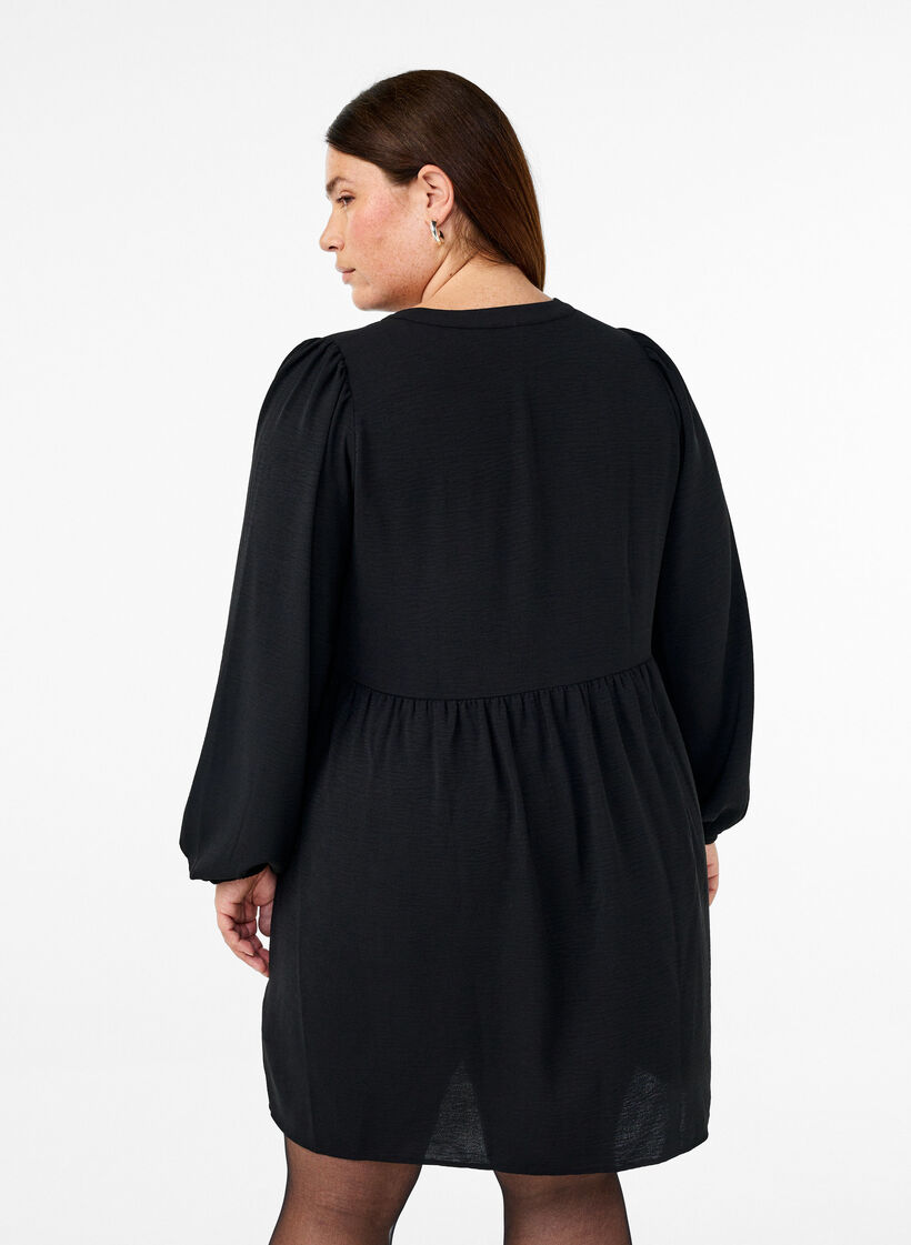 FLASH - Short dress with pleats and long sleeves, Black, Model image number 2