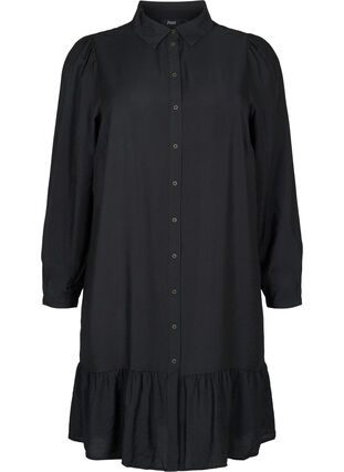 Viscose shirtdress with ruffle edge, Black, Packshot image number 0