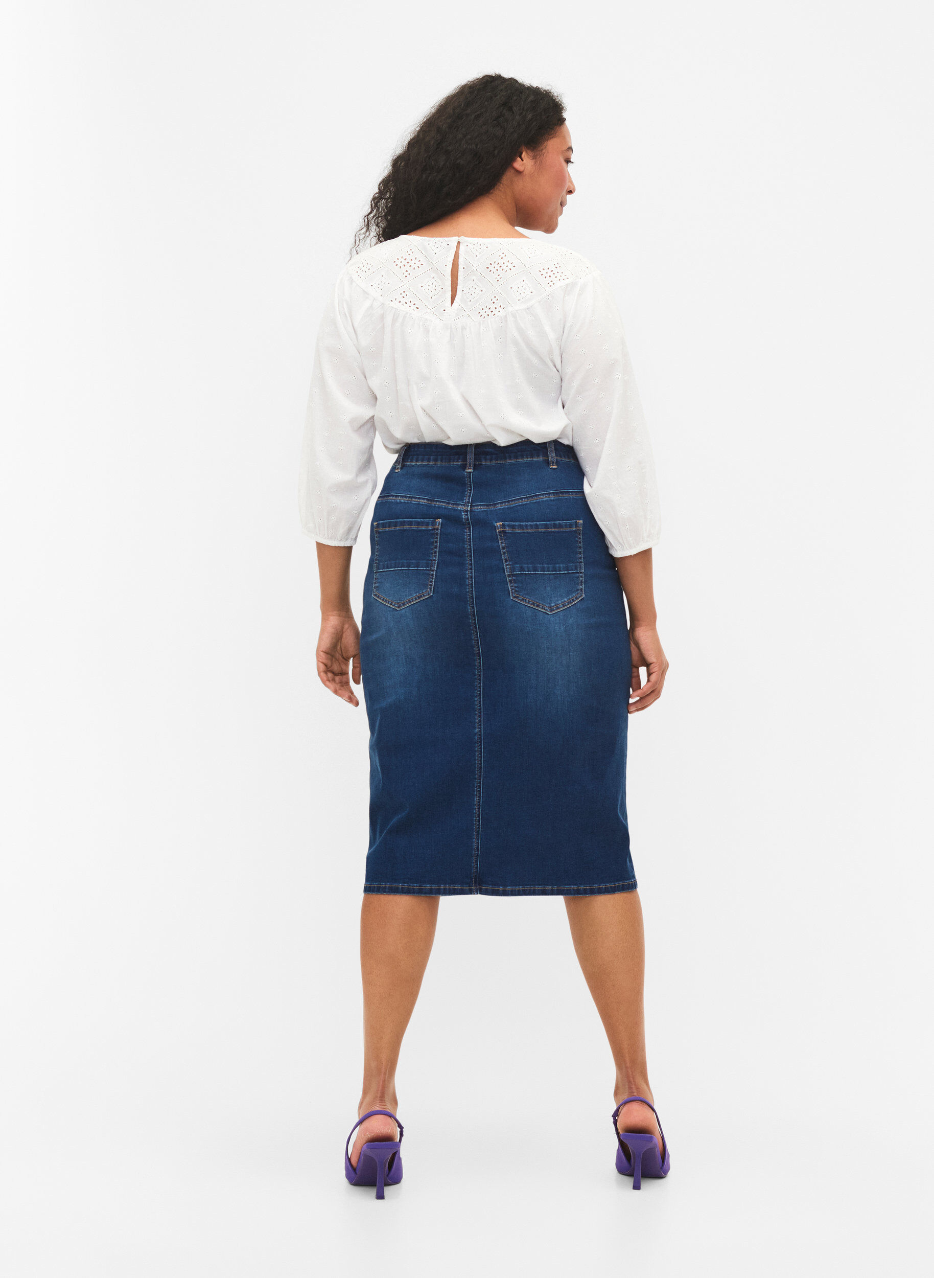 Zizzifashion Denim midi skirt with slits, Blue, Model image number 2