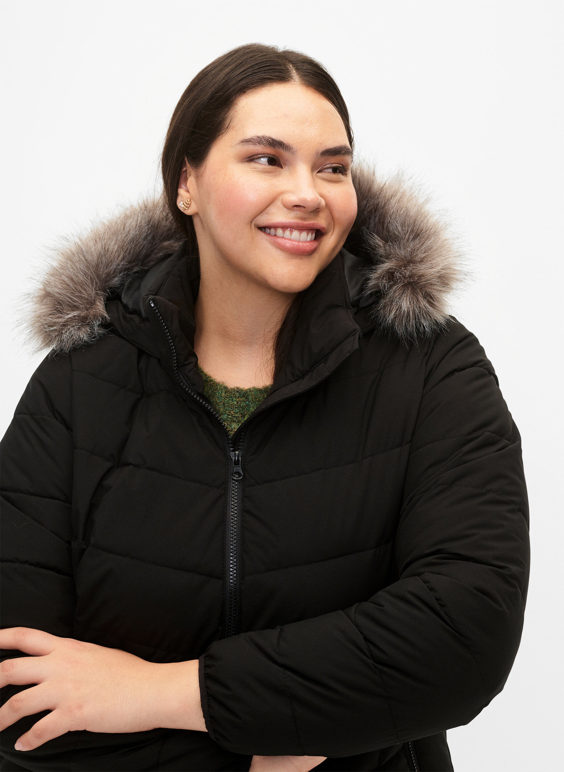 ZizzifashionShort puffer jacket with hood, Black, Model image number 3