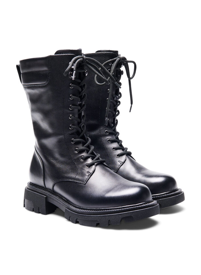 Wide fit leather boot with zip and laces, Black, Packshot image number 1