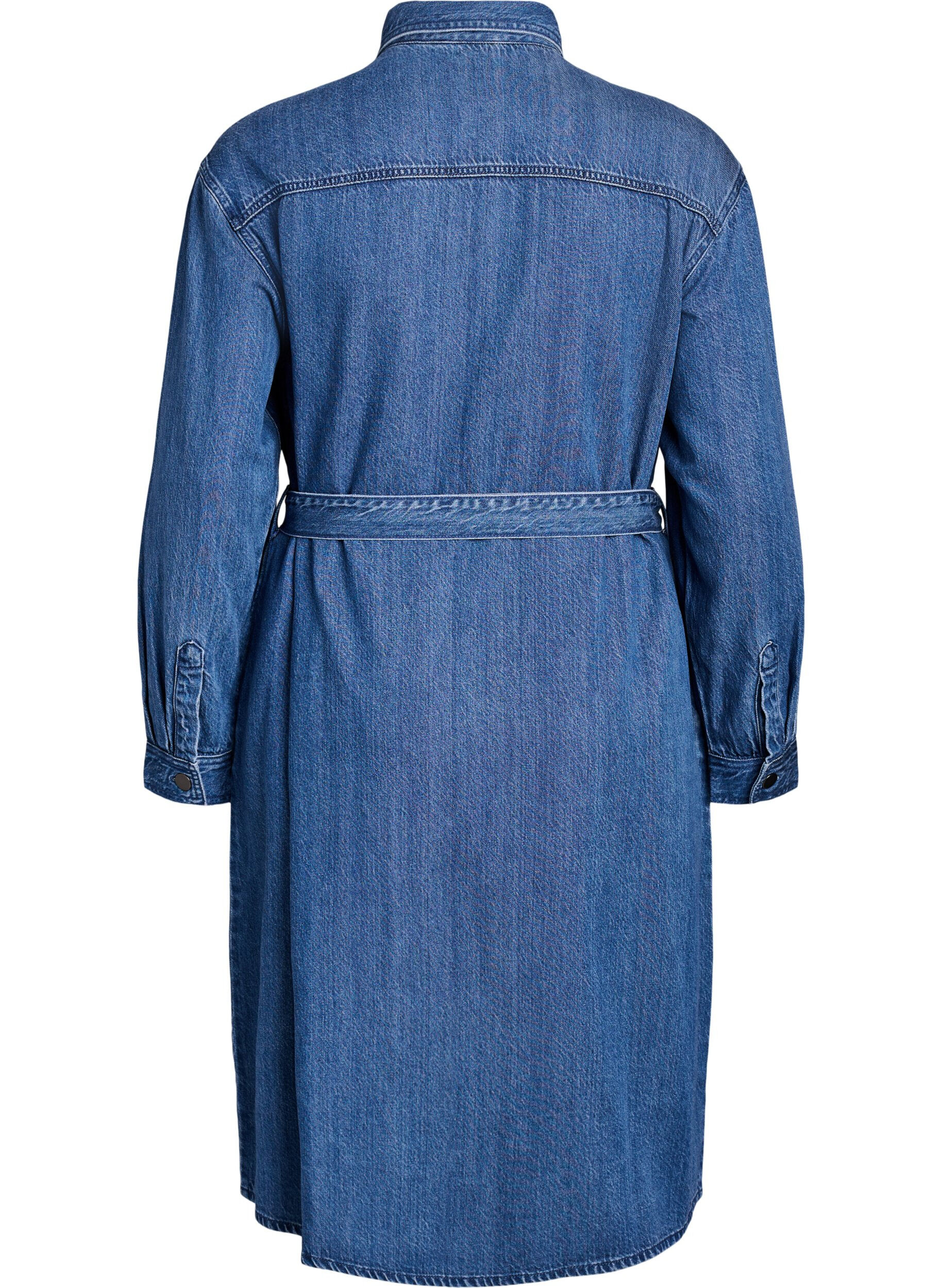 Zizzifashion Denim shirt dress with tie-belt and side pockets, Blue, Packshot image number 1